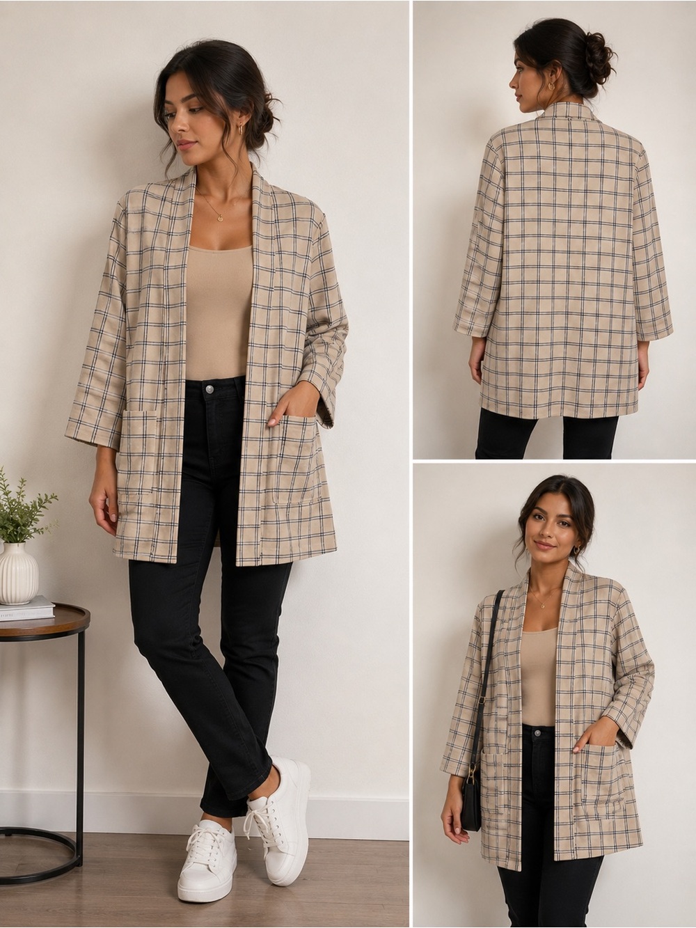 Beige Plaid Open-Front Blazer Jacket - Women